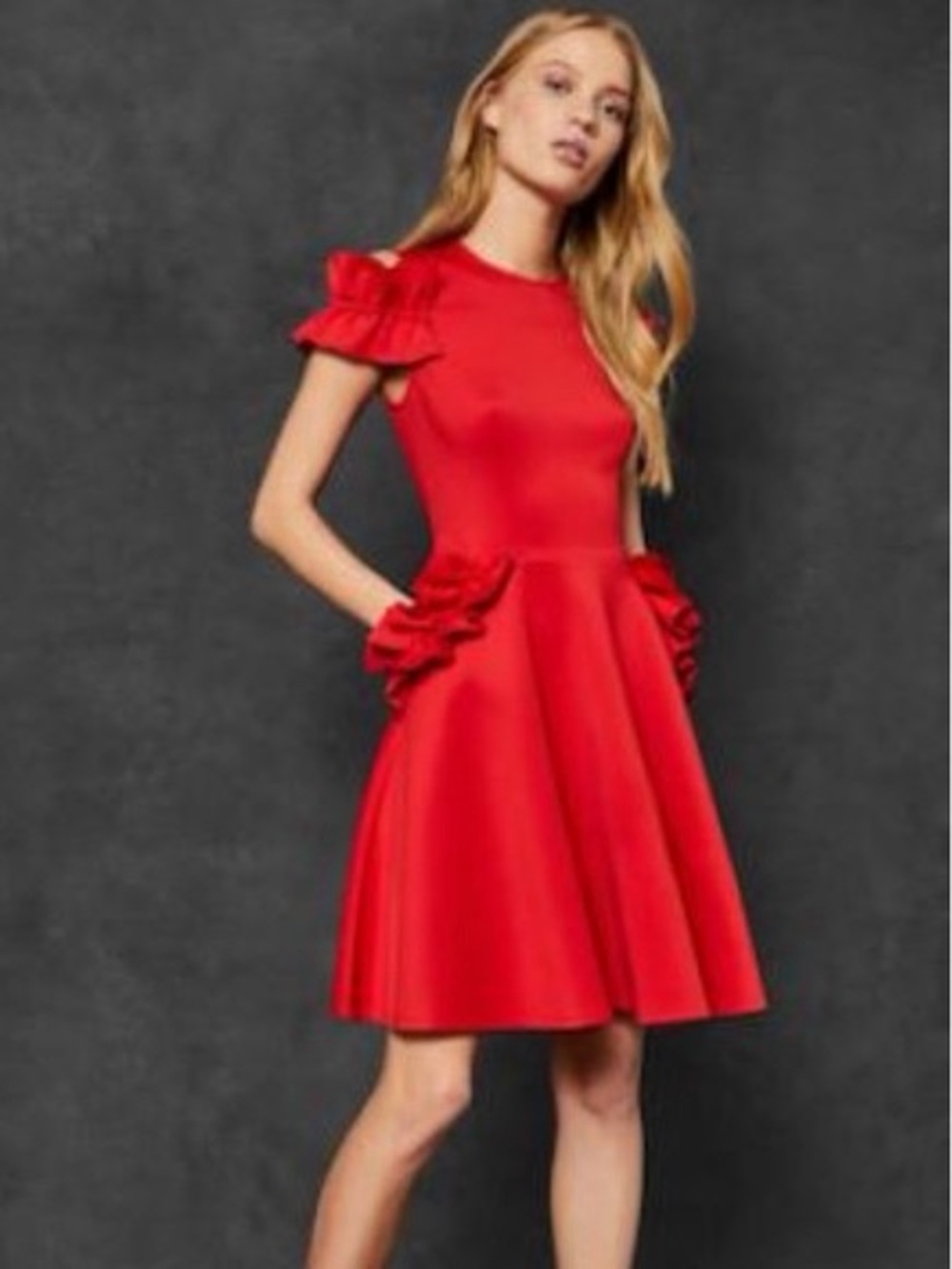 Ted Baker London Red Deneese Ruffle Cold Shoulder Dress 2 - Picture 2 of 9